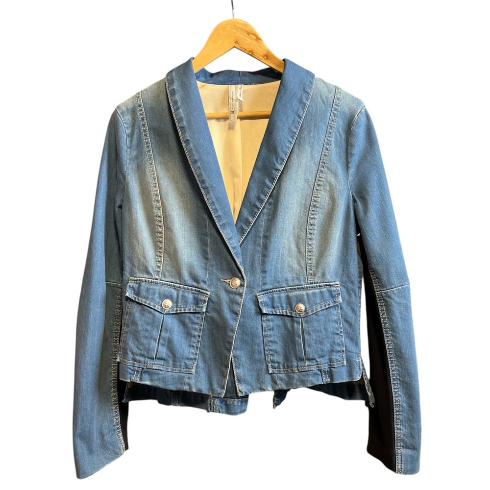 BCBGMaxAzria Light Blue Faded Denim Tuxedo Jacket